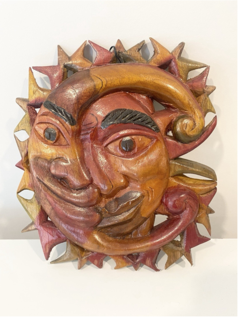 Hand Carved Wood Sun Moon Wall Hanging Celestial Boho Folk Art 10”